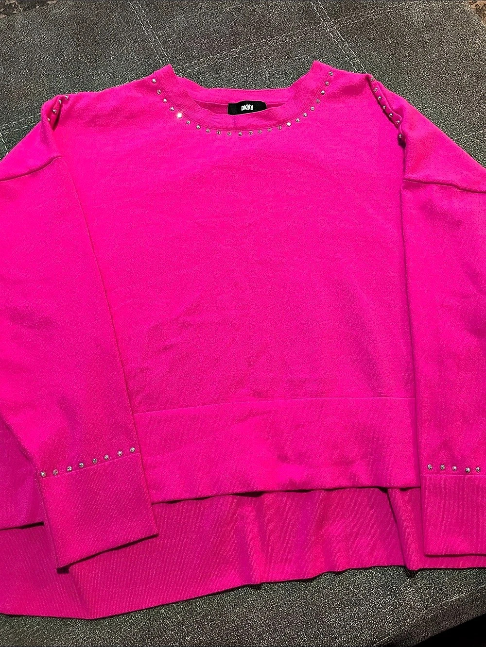 DKNY Stud Trim Split Hem Crewneck Sweater Pink Medium